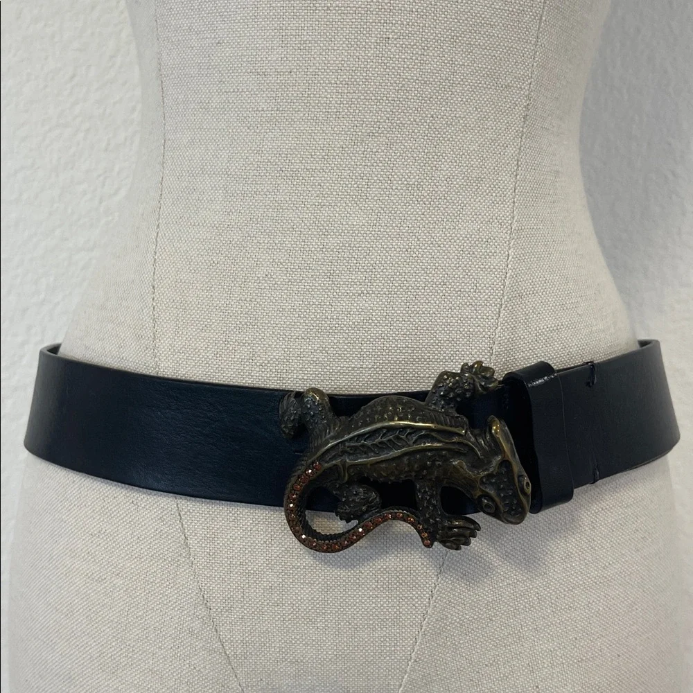 Emporio Armani Black Leather Embossed Belt Brass Lizard Belt Buckle Mens